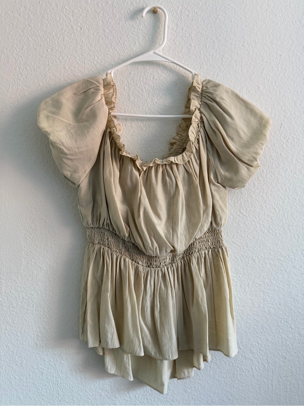 Neutral Cream Peasant Blouse with Puff Sleeves